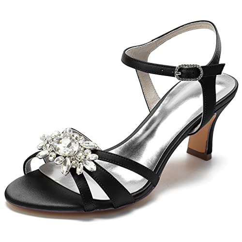 LRMYMHY Damen Peep Toe Satin Brautschuhe Knöchelriemen Elfenbein Hochzeitsschuhe Kätzchen Absatzsandalen Con Strass,Schwarz,36 EU von LRMYMHY