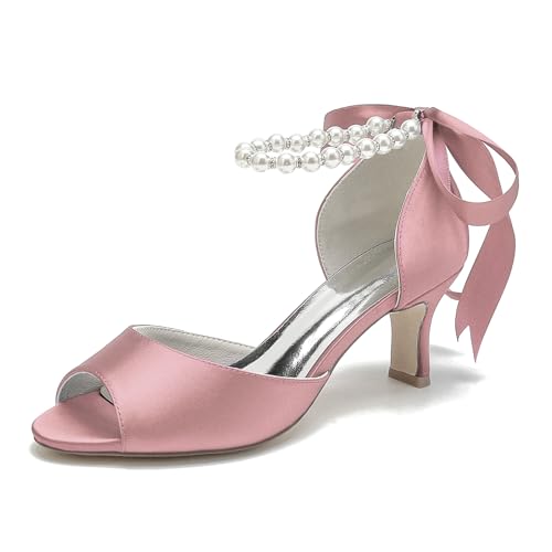 Damen Perle Knöchelriemen Hochzeitsschuhe Pumps High Kitten Heel Satin Brautschuhe Peeptoe Hochzeit Party Sandalen,Rosa,38 EU von LRMYMHY