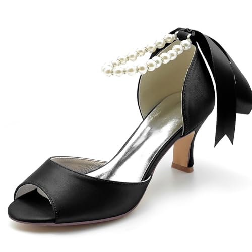 Damen Perle Knöchelriemen Hochzeitsschuhe Pumps High Kitten Heel Satin Brautschuhe Peeptoe Hochzeit Party Sandalen,Schwarz,37 EU von LRMYMHY