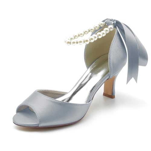 Damen Perle Knöchelriemen Hochzeitsschuhe Pumps High Kitten Heel Satin Brautschuhe Peeptoe Hochzeit Party Sandalen,Silber,43 EU Damen Perle Knöchelriemen Hochzeitsschuhe Pumps High Kitten Heel Satin Brautschuhe Peeptoe Hochzeit Party Sandalen,Silber,43 EU von LRMYMHY
