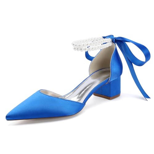 Damen Perlweiß Hochzeitsschuhe für die Braut High Heels Spitze Brautschuhe Satin Block Heels Abschlussball Party Kleid Pumps Sandalen,Blau,43 EU von LRMYMHY