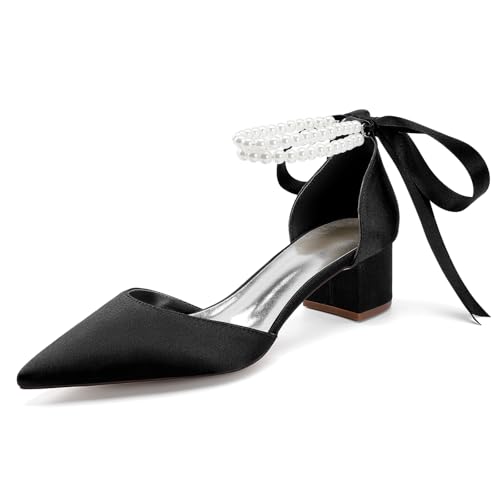 Damen Perlweiß Hochzeitsschuhe für die Braut High Heels Spitze Brautschuhe Satin Block Heels Abschlussball Party Kleid Pumps Sandalen,Schwarz,36 EU von LRMYMHY