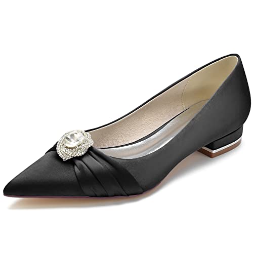 Damen Pumps mit niedrigem Absatz, geschlossene Zehenpartie, Spitze Hochzeits-Brautschuhe mit Strass,Schwarz,37 EU von LRMYMHY