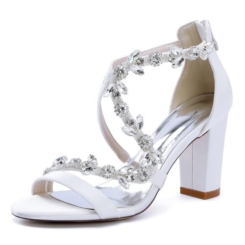 Damen Sandalen Mit Hohem Blockabsatz Kreuzknöchelriemen Kristall Brautkleid Schuhe Offene Spitze Bequeme Pumpsandalen,Weiß,40 EU von LRMYMHY