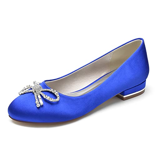 Damen Satin Brautschuhe Flache Runde Spitze Ballerinas Slip on Brautkleid Sandalen Mit Strass,Blau,37 EU von LRMYMHY
