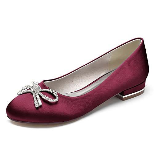 Damen Satin Brautschuhe Flache Runde Spitze Ballerinas Slip on Brautkleid Sandalen Mit Strass,Burgundy,38 EU von LRMYMHY