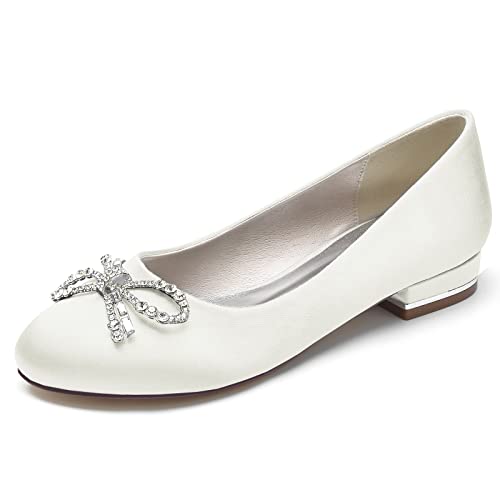 Damen Satin Brautschuhe Flache Runde Spitze Ballerinas Slip on Brautkleid Sandalen Mit Strass,Elfenbein,38 EU von LRMYMHY