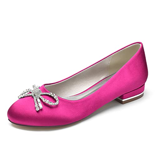 Damen Satin Brautschuhe Flache Runde Spitze Ballerinas Slip on Brautkleid Sandalen Mit Strass,Fuchsia,38 EU Damen Satin Brautschuhe Flache Runde Spitze Ballerinas Slip on Brautkleid Sandalen Mit Strass,Fuchsia,38 EU von LRMYMHY