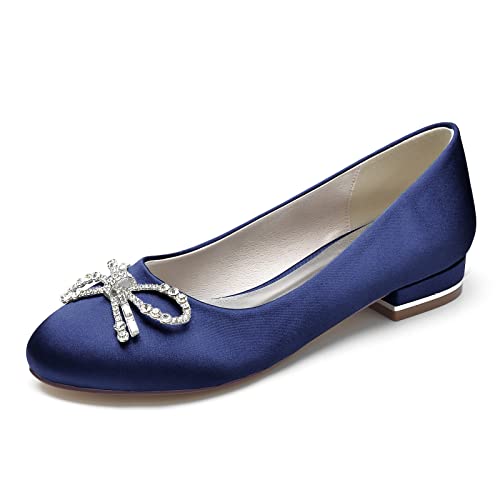 Damen Satin Brautschuhe Flache Runde Spitze Ballerinas Slip on Brautkleid Sandalen Mit Strass,Marine,41 EU von LRMYMHY
