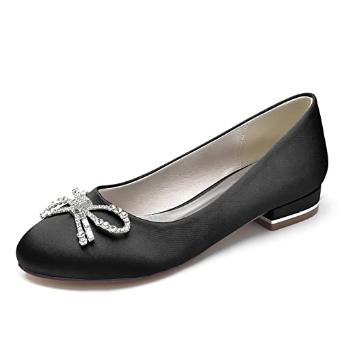Damen Satin Brautschuhe Flache Runde Spitze Ballerinas Slip on Brautkleid Sandalen Mit Strass,Schwarz,38 EU von LRMYMHY