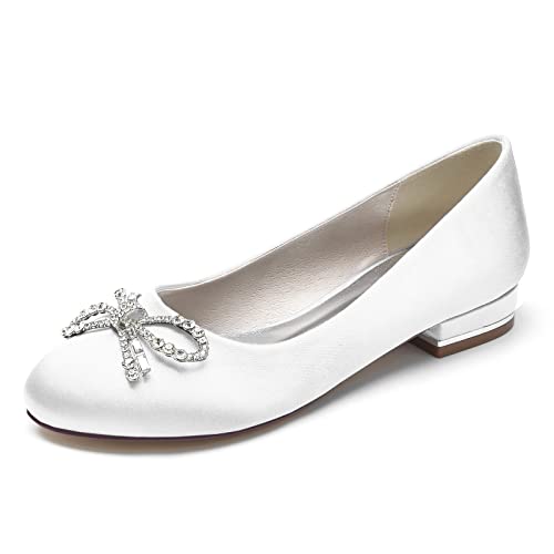 Damen Satin Brautschuhe Flache Runde Spitze Ballerinas Slip on Brautkleid Sandalen Mit Strass,Weiß,39 EU von LRMYMHY