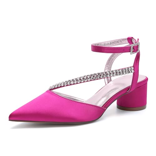 Damen Satin Hochzeitsschuhe Blockabsatz 4.5Cm Sandalen Strass Knöchelriemen Spitze Zehen Party Abendschuhe Slingback Pumps,Fuchsia,42 EU Damen Satin Hochzeitsschuhe Blockabsatz 4.5Cm Sandalen Strass Knöchelriemen Spitze Zehen Party Abendschuhe Slingback Pumps,Fuchsia,42 EU von LRMYMHY