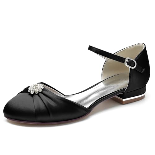 Damen Satin Pumps Knöchelriemen Geschlossene Zehenpartie Flache Schuhe Komfort Niedrige Absätze Abendarbeit Hochzeitskleid Schuhe,Schwarz,41 EU von LRMYMHY