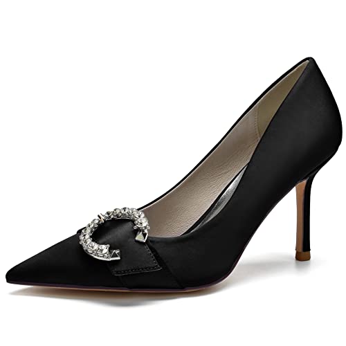 Damen Satin Spitze Zehen High Heel Hochzeitsschuhe Slip Auf Brautschuhe Mit Strass Abendschuhe Für Partei,Schwarz,40 EU von LRMYMHY