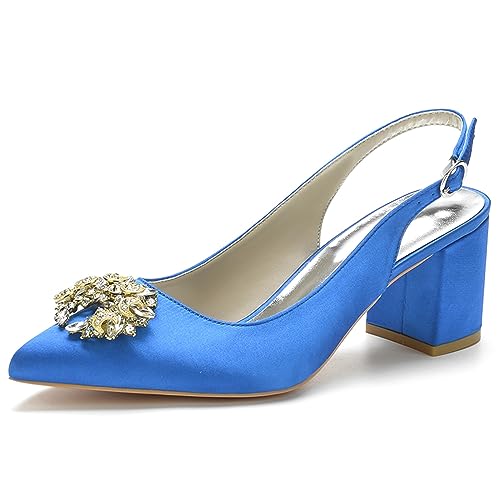 Damen Slingback Braut Hochzeitskleidschuhe Geschlossene Zehe Chunky Blockabsatz Prom Party Pumps,Blau,42 EU von LRMYMHY