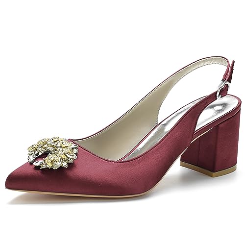 Damen Slingback Braut Hochzeitskleidschuhe Geschlossene Zehe Chunky Blockabsatz Prom Party Pumps,Burgundy,42 EU von LRMYMHY