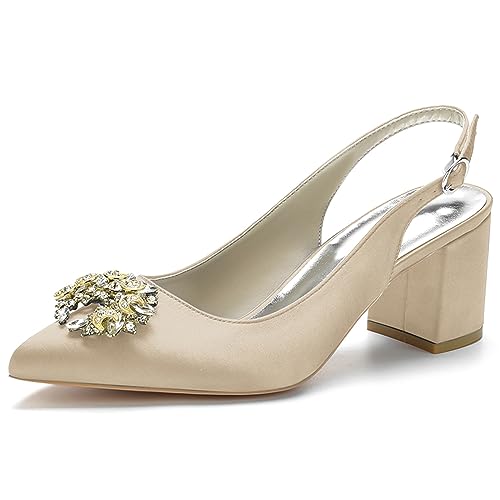 Damen Slingback Braut Hochzeitskleidschuhe Geschlossene Zehe Chunky Blockabsatz Prom Party Pumps,Champagne,36 EU von LRMYMHY