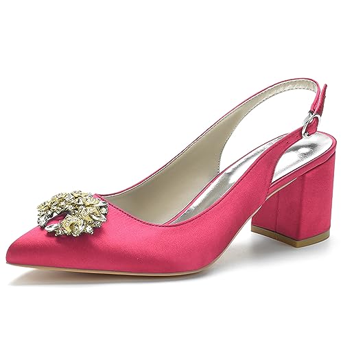 Damen Slingback Braut Hochzeitskleidschuhe Geschlossene Zehe Chunky Blockabsatz Prom Party Pumps,Fuchsia,36 EU von LRMYMHY