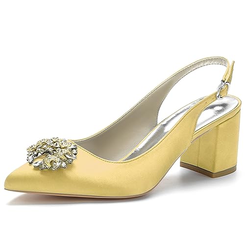 Damen Slingback Braut Hochzeitskleidschuhe Geschlossene Zehe Chunky Blockabsatz Prom Party Pumps,Gold,36 EU von LRMYMHY