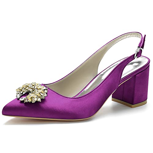 Damen Slingback Braut Hochzeitskleidschuhe Geschlossene Zehe Chunky Blockabsatz Prom Party Pumps,Lila,38 EU von LRMYMHY