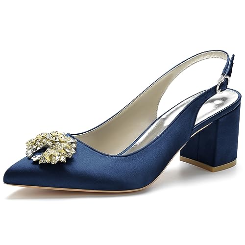 Damen Slingback Braut Hochzeitskleidschuhe Geschlossene Zehe Chunky Blockabsatz Prom Party Pumps,Marine,36 EU von LRMYMHY