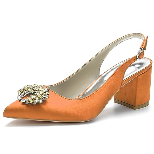 Damen Slingback Braut Hochzeitskleidschuhe Geschlossene Zehe Chunky Blockabsatz Prom Party Pumps,Orange,37 EU von LRMYMHY