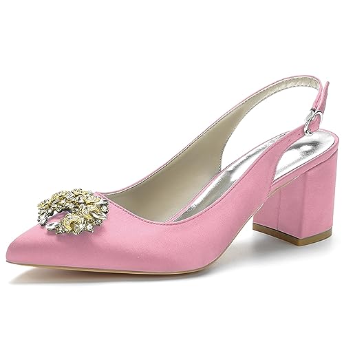 Damen Slingback Braut Hochzeitskleidschuhe Geschlossene Zehe Chunky Blockabsatz Prom Party Pumps,Rosa,41 EU von LRMYMHY