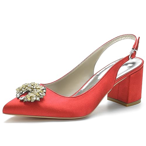 Damen Slingback Braut Hochzeitskleidschuhe Geschlossene Zehe Chunky Blockabsatz Prom Party Pumps,Rot,42 EU von LRMYMHY