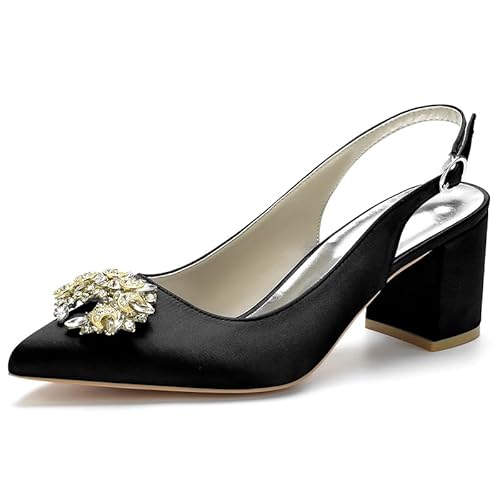 Damen Slingback Braut Hochzeitskleidschuhe Geschlossene Zehe Chunky Blockabsatz Prom Party Pumps,Schwarz,41 EU von LRMYMHY