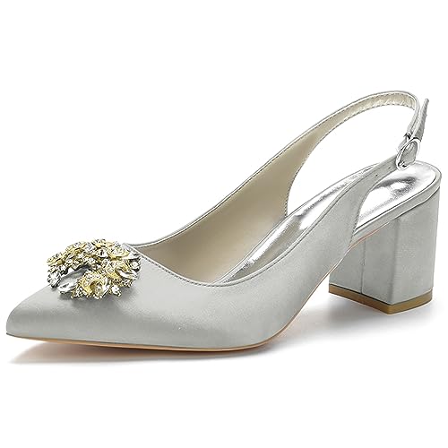 Damen Slingback Braut Hochzeitskleidschuhe Geschlossene Zehe Chunky Blockabsatz Prom Party Pumps,Silber,38 EU von LRMYMHY