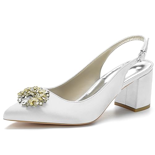 Damen Slingback Braut Hochzeitskleidschuhe Geschlossene Zehe Chunky Blockabsatz Prom Party Pumps,Weiß,36 EU von LRMYMHY