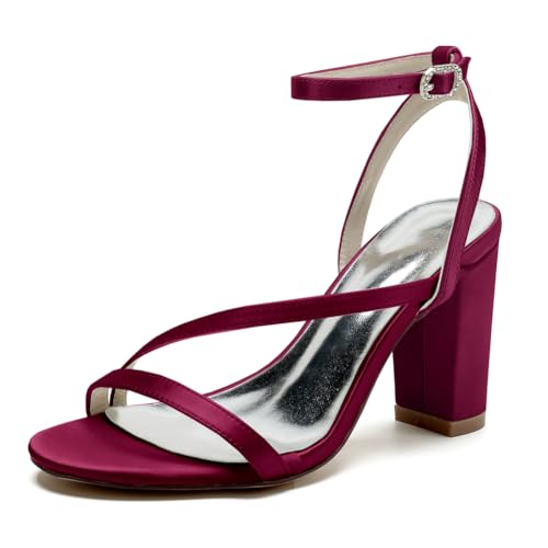 Damen Slingback Sandalen Mit Absatz Knöchelriemen Offene Zehenpartie Brautschuhe Brautkleid Mit Blockabsatz Pumps,Burgundy,38 EU von LRMYMHY