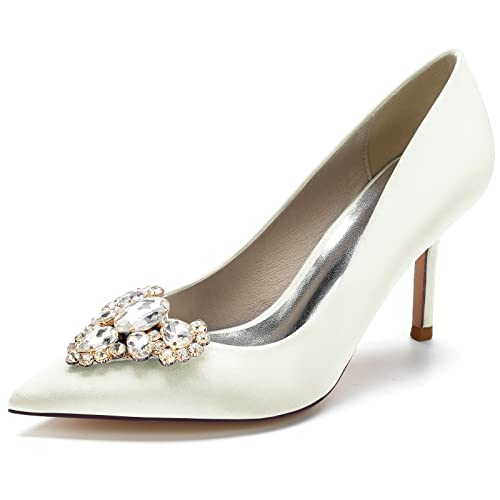 Damen Slip-On Pfennigabsatz Pumps Für Hochzeit Party Abschlussball Spitz Geschlossene Zehen Absatz Brautschuhe Con Strass,Elfenbein,36 EU von LRMYMHY