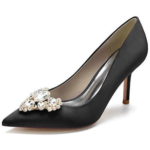 Damen Slip-On Pfennigabsatz Pumps Für Hochzeit Party Abschlussball Spitz Geschlossene Zehen Absatz Brautschuhe Con Strass,Schwarz,37 EU von LRMYMHY