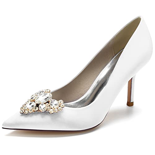 Damen Slip-On Pfennigabsatz Pumps Für Hochzeit Party Abschlussball Spitz Geschlossene Zehen Absatz Brautschuhe Con Strass,Weiß,38 EU von LRMYMHY