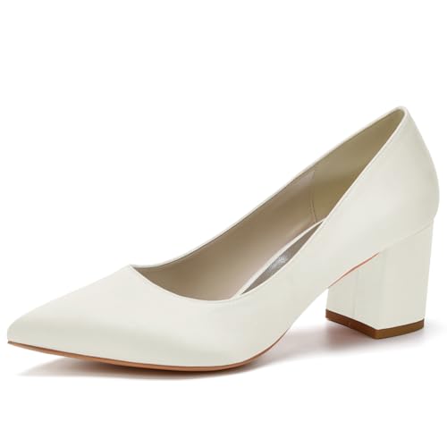 Damen Slip on Weiß Brautschuhe für Braut Spitze Brautschuhe Satin Blockabsatz Abschlussball Party Kleid Pumps Sandalen,Elfenbein,42 EU von LRMYMHY