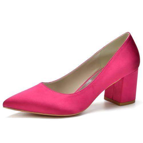 Damen Slip on Weiß Brautschuhe für Braut Spitze Brautschuhe Satin Blockabsatz Abschlussball Party Kleid Pumps Sandalen,Fuchsia,40 EU von LRMYMHY