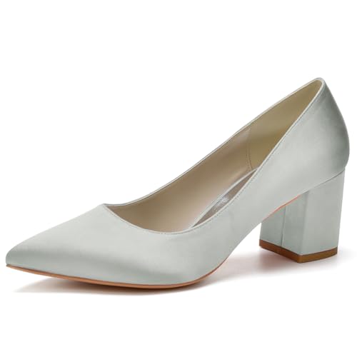 Damen Slip on Weiß Brautschuhe für Braut Spitze Brautschuhe Satin Blockabsatz Abschlussball Party Kleid Pumps Sandalen,Silber,38 EU von LRMYMHY