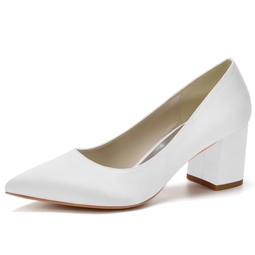 Damen Slip on Weiß Brautschuhe für Braut Spitze Brautschuhe Satin Blockabsatz Abschlussball Party Kleid Pumps Sandalen,Weiß,38 EU von LRMYMHY