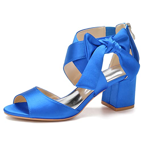 Damen Sommer Peep Zehensandalen Knöchelriemen Pumps Satin Blockabsatz Brautschuhe,Blau,38 EU von LRMYMHY