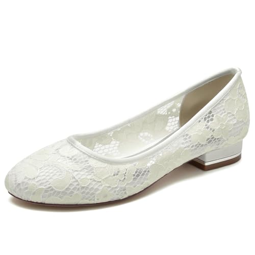 Damen Spitze Brautschuhe Slip on Brautschuhe Geschlossene Zehen Pumps Ballerinas Mit Runder Spitze Ballerinas,Elfenbein,40 EU von LRMYMHY