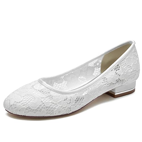 Damen Spitze Brautschuhe Slip on Brautschuhe Geschlossene Zehen Pumps Ballerinas Mit Runder Spitze Ballerinas,Weiß,43 EU von LRMYMHY