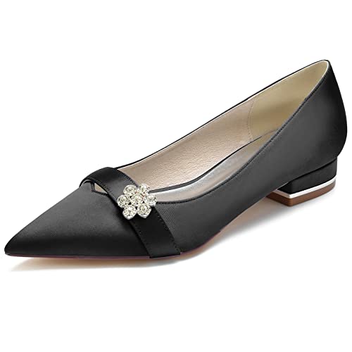 Damen Spitze Zehe Satin Hochzeit Wohnungen für Braut Slip on Weisse Brautschuhe Strass Abschlussball Party Schuhe Pumps,Schwarz,38 EU von LRMYMHY