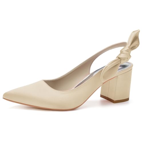 Damen Spitze Zehen Block Heel Kleid Pumps Slingback Chunky Heel Slip on Work Party Hochzeitsschuhe Für Die Braut,Champagne,37 EU von LRMYMHY