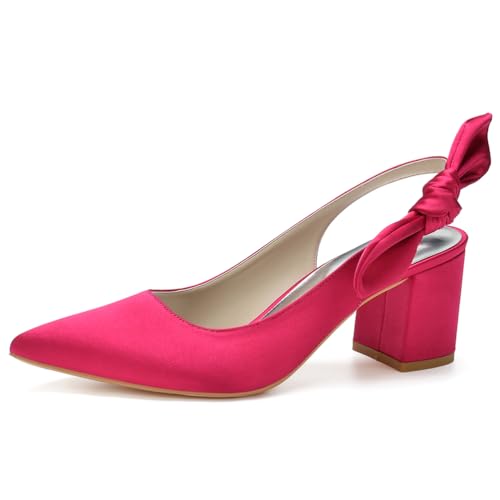 Damen Spitze Zehen Block Heel Kleid Pumps Slingback Chunky Heel Slip on Work Party Hochzeitsschuhe Für Die Braut,Fuchsia,38 EU von LRMYMHY
