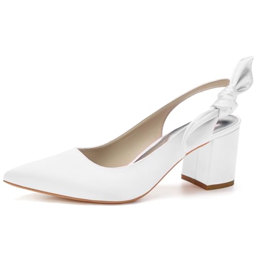 Damen Spitze Zehen Block Heel Kleid Pumps Slingback Chunky Heel Slip on Work Party Hochzeitsschuhe Für Die Braut,Weiß,40 EU von LRMYMHY
