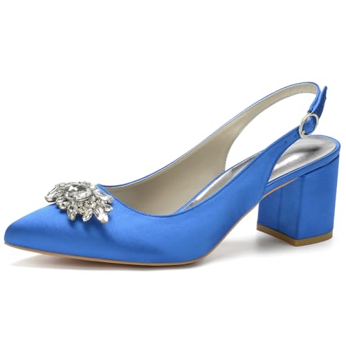 Damen Spitze Zehen Block Heel Pumps Slingback Chunky Heel Slip on Work Party Dress Schuhe Mit Strass,Blau,39 EU von LRMYMHY