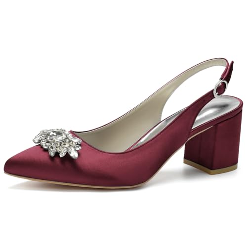 Damen Spitze Zehen Block Heel Pumps Slingback Chunky Heel Slip on Work Party Dress Schuhe Mit Strass,Burgundy,39 EU von LRMYMHY
