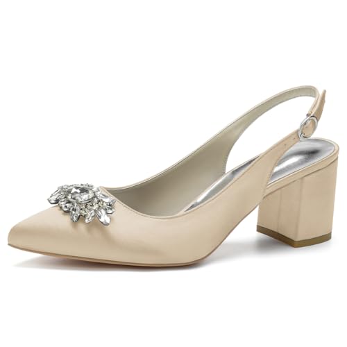 Damen Spitze Zehen Block Heel Pumps Slingback Chunky Heel Slip on Work Party Dress Schuhe Mit Strass,Champagne,37 EU von LRMYMHY