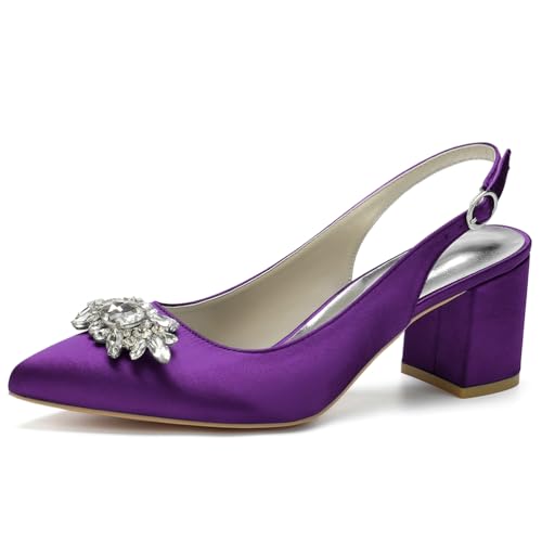 Damen Spitze Zehen Block Heel Pumps Slingback Chunky Heel Slip on Work Party Dress Schuhe Mit Strass,Dark Purple,42 EU von LRMYMHY